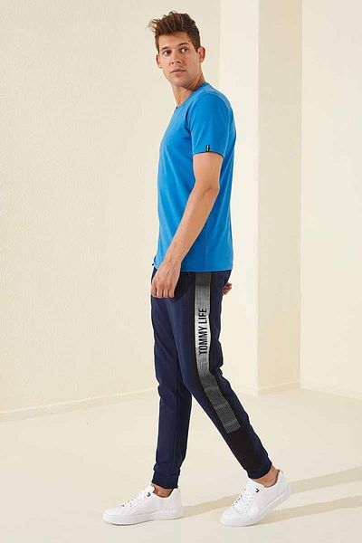 TOMMY LIFE Ανδρικό αθλητικό παντελόνι Jogger Indigo Printed - Φερμουάρ και τσέπες, Standard Fit - 84657