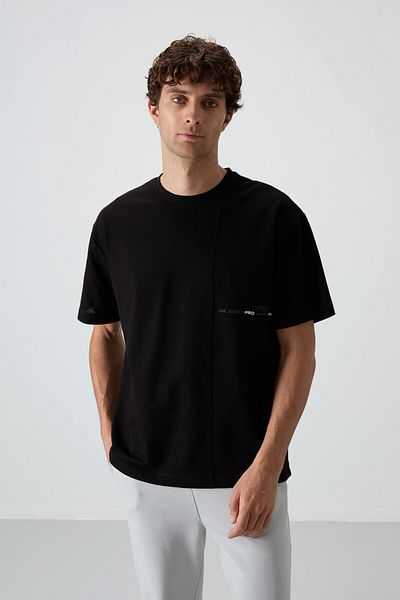 AIR JONES Tricou pentru bărbați cu imprimeu supradimensionat, cu suprafață groasă, din bumbac negru - 88370