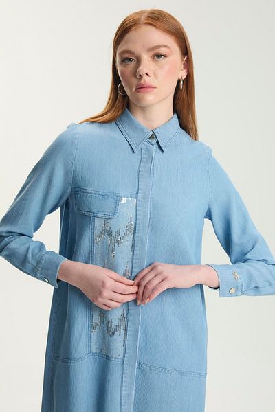 Zühre Tunica lungă din denim cu paiete, cu detaliu cu nasturi ascunși