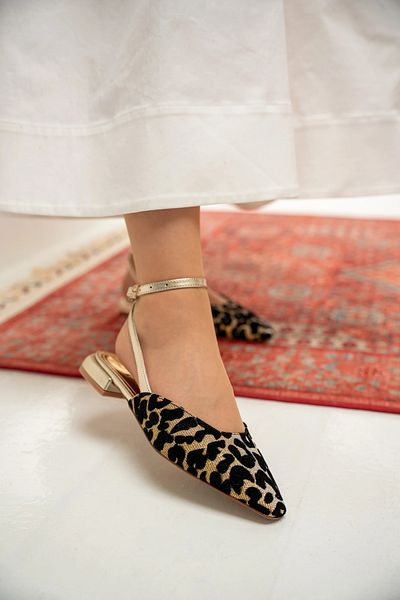 LAMİNTA Owen Gold Leopard Tweed Low Heeled Ankle Lace-Up Women's Babet
