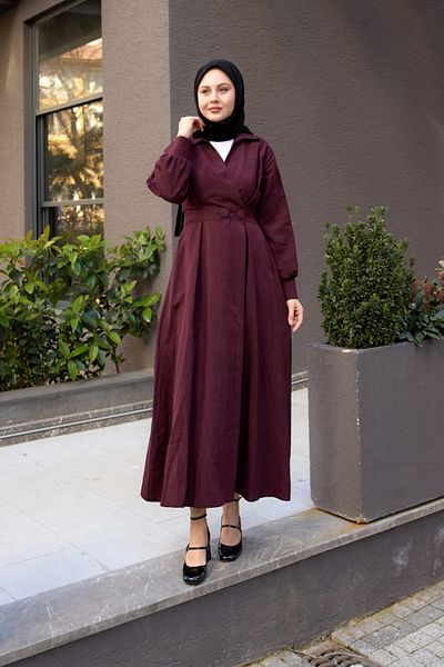 LOCCO Women's Double Button Detailed Crochet Dress Plum