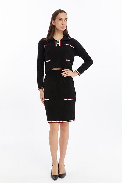CNR TEKSTİL Collar and Pocket Patterned Short Sweater Skirt Suit