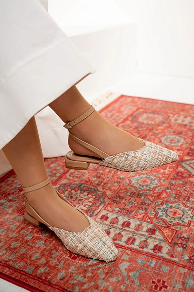 LAMİNTA Owen Nude Tweed Low Heeled Ankle Lace-Up Women's Babet