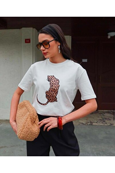 ribana Leopar Hayvan Baskılı Oversıze Kadın T-SHIRT