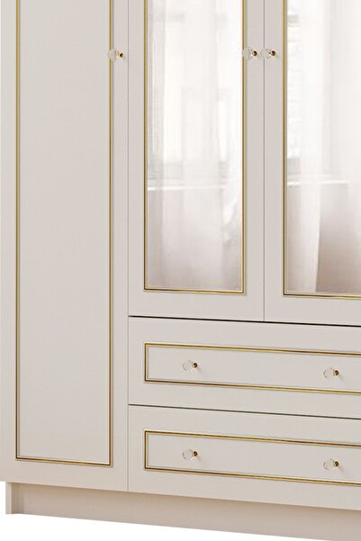 Rabi Gold Country Camlı 4 Kapak 2 Çekmeceli Gardırop