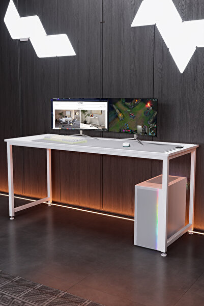KODIGU Beyaz 160cm Gaming Masa - 160cm x 60cm Oyuncu Masası - Ayarlanabilir Sallanmaz Oyuncu Masası