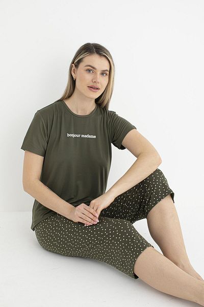 Estiva Women's Summer Polka Dot Short Sleeve Capri Soft Pajama Set - Green