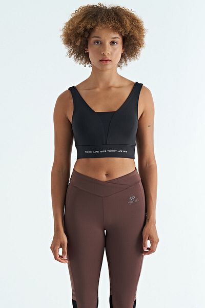 TOMMY LIFE Bustieră pentru femei din țesătură de scufundări slim fit cu imprimeu text negru - 97271