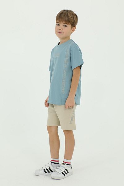 Black One Set dublu tricou și pantaloni scurți cu detaliu cu imprimeu pentru băiat cu decolteu