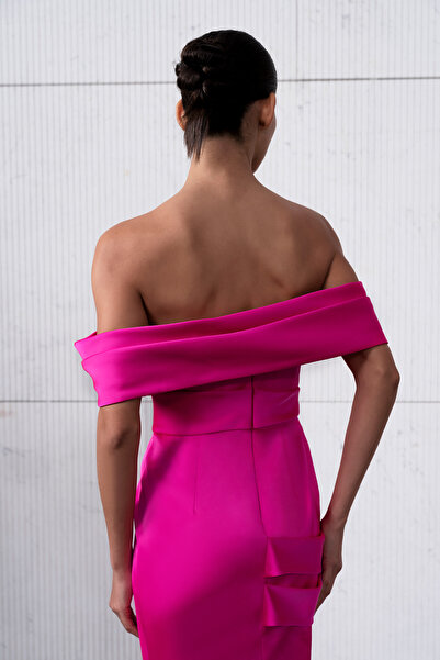 cercis Omuz Açık Drapeli Yırtmaç Detaylı Uzun Abiye Elbise