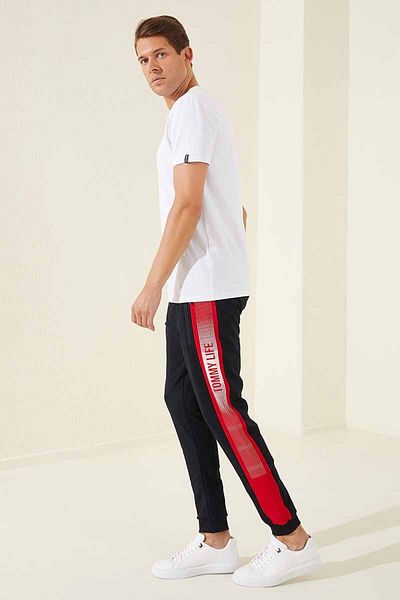 TOMMY LIFE Μπλε Navy - Red Zipper Pocket Printed Standard Mold Ανδρική φόρμα στο κάτω μέρος - 84657