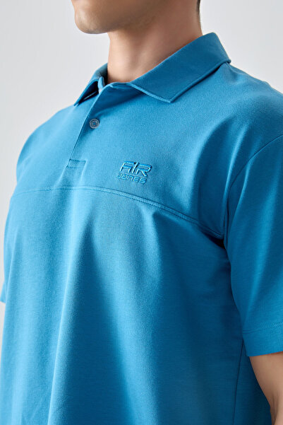 AIR JONES Ανδρικό μπλουζάκι πετρελαίου μπλε βαμβακερό χοντρό μαλακό ανάγλυφο γιακά πόλο Oversize Fit Basic ανδρικό μπλουζάκι - 88382
