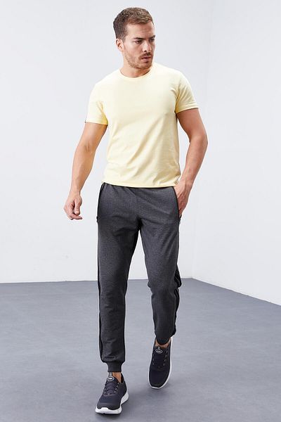 TOMMY LIFE Anthracite Melange Jogger Men's Sweatpants - Double Piping and Stripe, Standard Fit - 84694