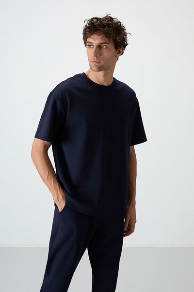 AIR JONES Μπλε Navy Cotton Thick Soft Textured Oversize Fit Basic ανδρική φόρμα - 85251