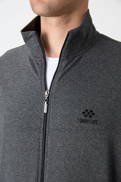 TOMMY LIFE Σετ ανδρικές αθλητικές φόρμες Anthracite Melange - Σταντ γιακά, με φερμουάρ, Άνετη φόρμα, Classic Leg - 85072
