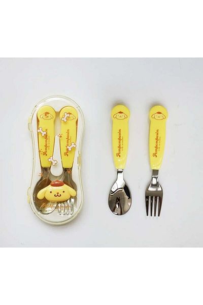 Miniso Pom Pom Purin Food Tools Set for Kids, Stainless Steel Fork and Spoon - 2 Pieces - Yellow