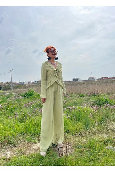 Tumtum Wear Oil Green Belt Detailed Palazzo Pantalon