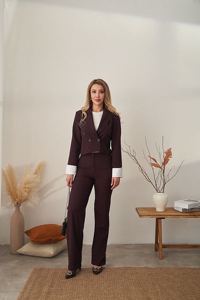Rabia Çelik Women's Burgundy Sleeve Detailed Buttoned Blazer Jacket Pants 2 Piece Suit