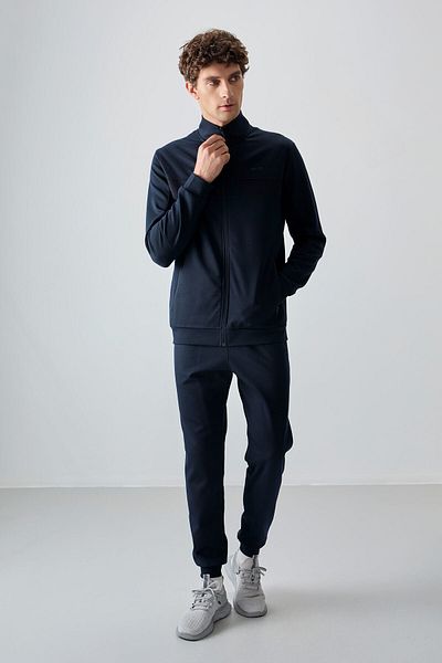 AIR JONES Σετ ανδρικής φόρμας φόρμας Navy Blue Surface Textured Standard Fit Embroidered - 85248