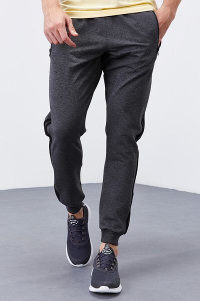 TOMMY LIFE Anthracite Melange Jogger Men's Sweatpants - Double Piping and Stripe, Standard Fit - 84694