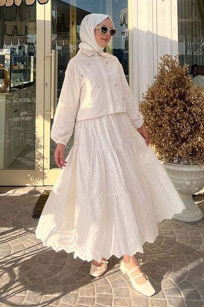 benguen Stone Detailed Scallop Skirt Suit Cream 1427
