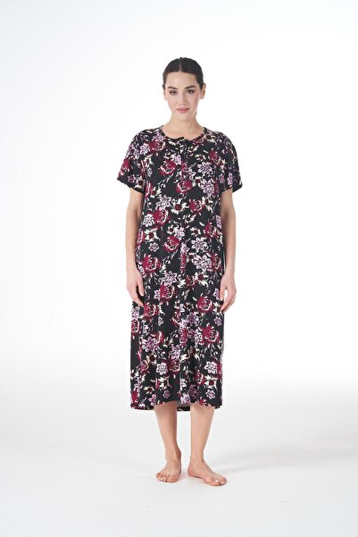 Estiva Kadın Yazlık Desenli Kısa Kollu Düğmeli Lycra Viskon Günlük Elbise