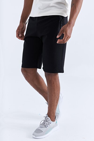 TOMMY LIFE Pantaloni scurți negri standard pentru bărbați - cu fermoar și det...