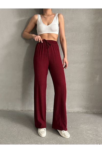 BEJNA Burgunderfarbene Palazzo-Hose mit elastischem Bund für Frauen