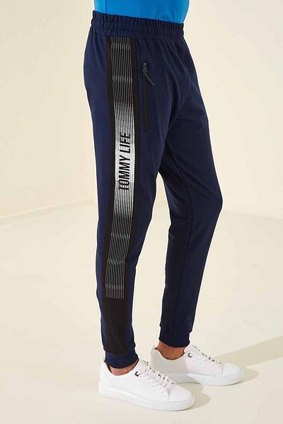 TOMMY LIFE Ανδρικό αθλητικό παντελόνι Jogger Indigo Printed - Φερμουάρ και τσέπες, Standard Fit - 84657
