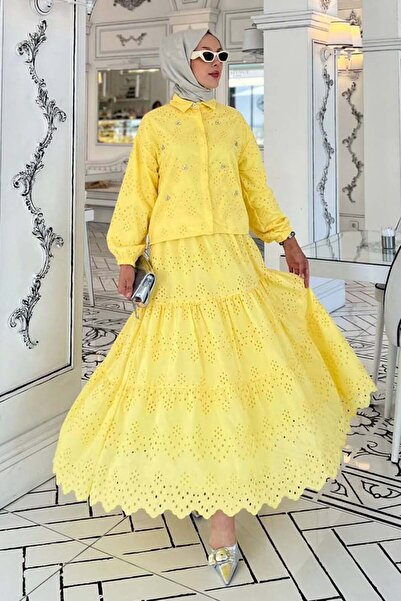 benguen Yellow Stone Detailed Scallop Skirt Suit 1427