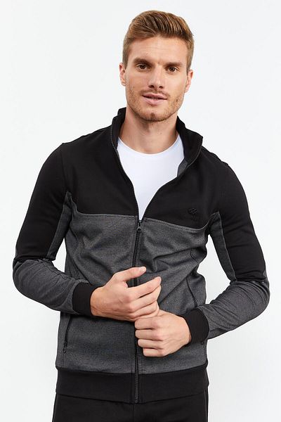 TOMMY LIFE Black Stand Collar Double Color Standard Fit Men's Tracksuit Set with Cuffs - 85142