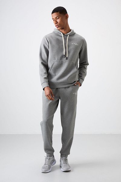 AIR JONES Γκρι μελανζέ βαμβακερή χοντρή απαλή υφή Comfort Fit Κεντημένη ανδρική φόρμα - 85255