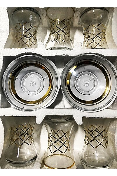 DECOSTYLE Pasabahce Star Gold Decorated Thin Waist Tea Set 12 Pcs 125 Cc
