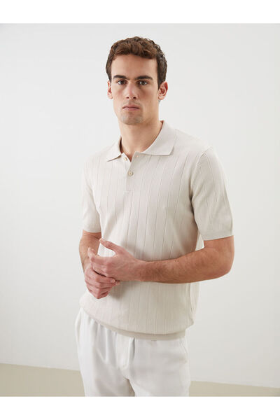LC Waikiki Beige Polo Neck Short Sleeve Men's Knitwear Sweater