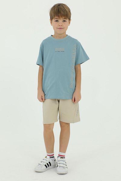 Black One Set dublu tricou și pantaloni scurți cu detaliu cu imprimeu pentru băiat cu decolteu