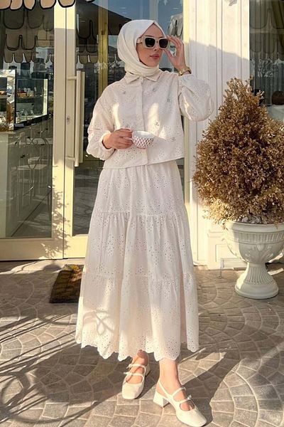 benguen Stone Detailed Scallop Skirt Suit Cream 1427