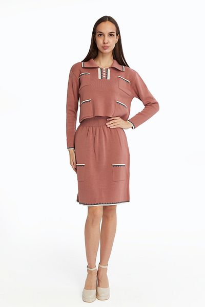 CNR TEKSTİL Collar and Pocket Patterned Short Sweater Skirt Suit
