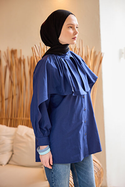 LOCCO Γυναικείο πουκάμισο με μανίκια με διπλό γιακά Navy Blue