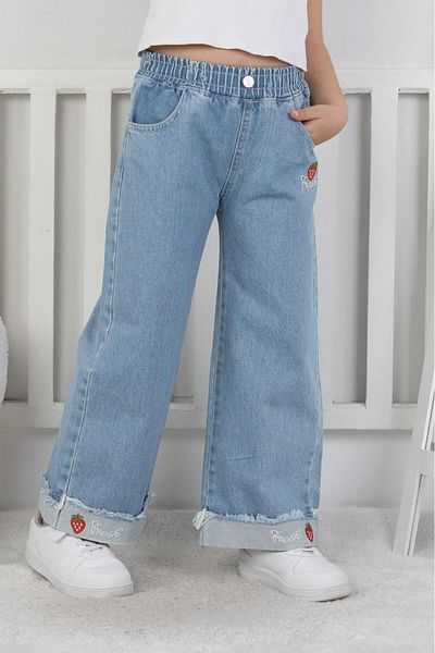 Zuzu Pantaloni din denim pentru fete cu detaliu broderie de căpșuni