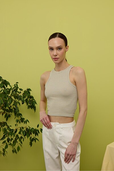 TUBİA Γυναικεία μπεζ ριγέ μπλούζα με μηδενικό μανίκι