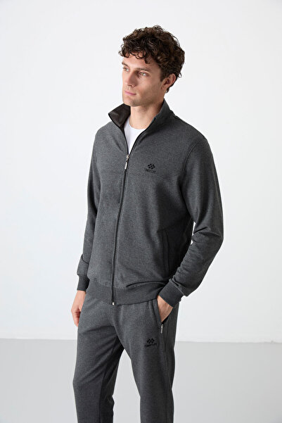TOMMY LIFE Anthracite Melange Men's Tracksuit Set - Stand Collar, Zippered, Comfortable Form, Classic Leg - 85072
