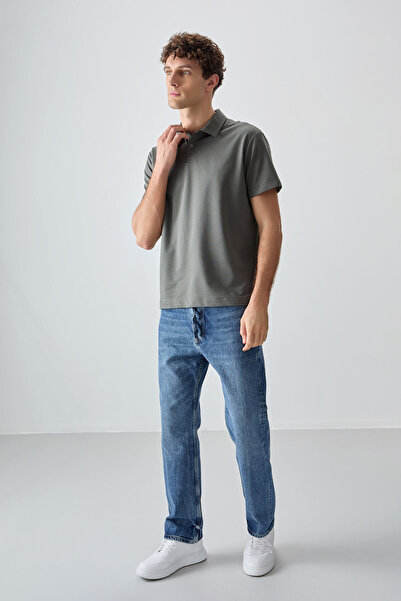 AIR JONES Ανδρικό μπλουζάκι από χακί βαμβακερό χοντρό μαλακό λαιμό πόλο Oversize Fit Basic - 88381