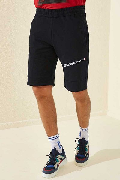 TOMMY LIFE Pantaloni scurți pentru bărbați cu text imprimat albastru bleumarin - 81155