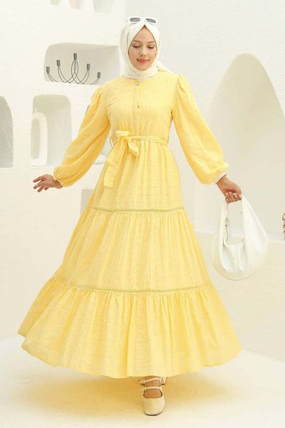 benguen Embossed Patterned Hijab Dress - Yellow 1002-1