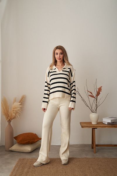 Rabia Çelik Women's Cream Striped Elastic Waist Knitwear Sweater Pants Bottom Top Set