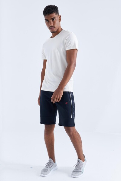 TOMMY LIFE Men's Shorts - White, Side Stripes, Standard Size - Navy 81148