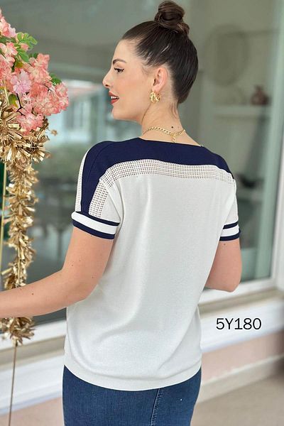 İnce Topuk Diamond Pattern Sleeve Striped Knitwear Blouse 5Y180