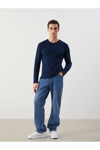 LC Waikiki Ανδρικό φούτερ LCWAIKIKI Basic Navy Blue με λαιμόκοψη V με μακρύ μανίκι