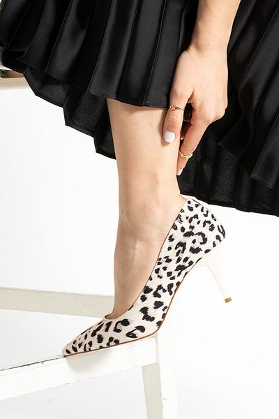 Güllü Shoes Beige Satin Leopard Print Thin Heeled Shoes –7 cm Pointed Toe Stylish and Comfortable Women's Heeled Shoes