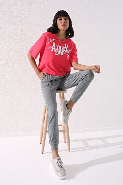 TOMMY LIFE Gri Melanj Yüksek Bel Jogger Rahat Form Manşetli Kadın Eşofman Alt - 94561